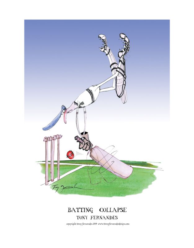 Batting Collapse by Tony Fernandes - England Test Cricket Cartoon signed print